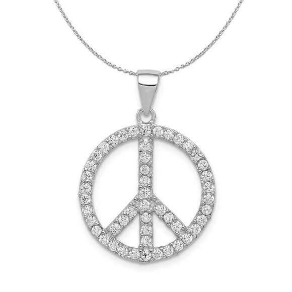 Sterling Silver and Cubic Zirconia Peace Sign 19mm Necklace - 24 Inch